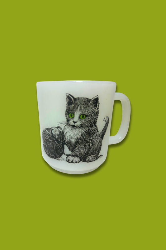 Vintage Cat Glasbake Milk Glass Mug