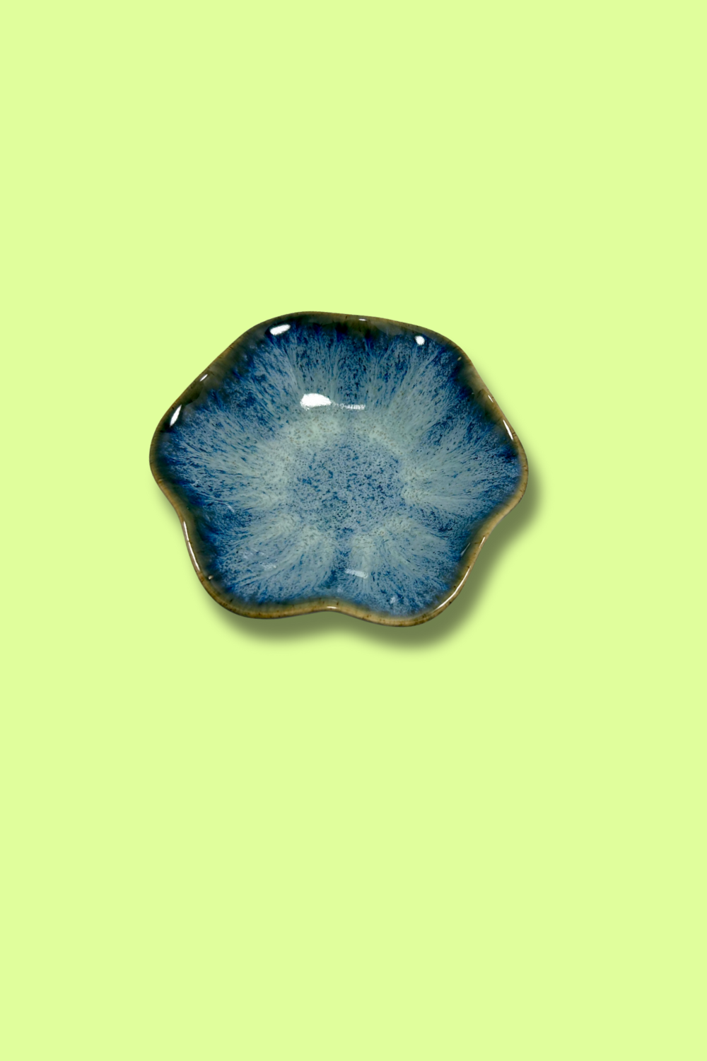 Blue ceramic dish on a light green background