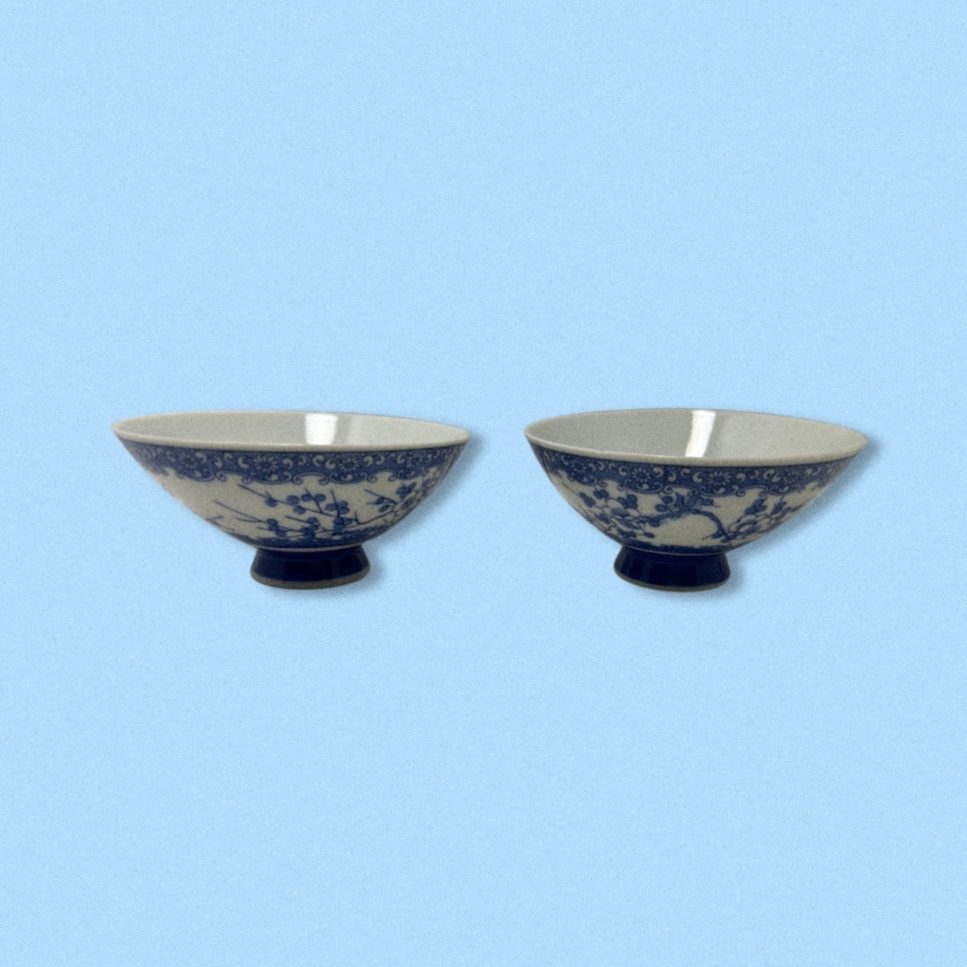 Blue Japanese Rice Bowls on blue background