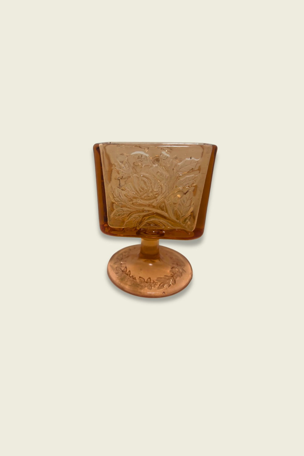 Tiara Exclusives (Indiana Glass) ‘Cabbage Rose’ Pedestal Cigarette/Card Holder – Pink Amber Pressed Glass, c. 1970s