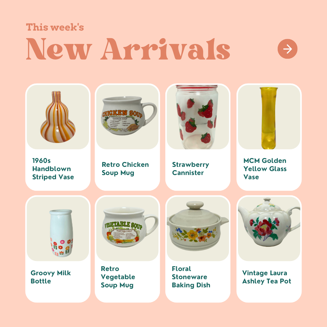 Promotional image of new vintage items with titles on a pink background
