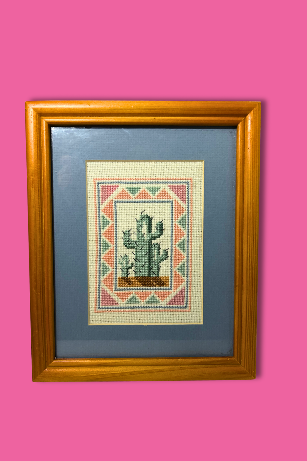 Framed cross-stitched picture of a cactus on a pink background