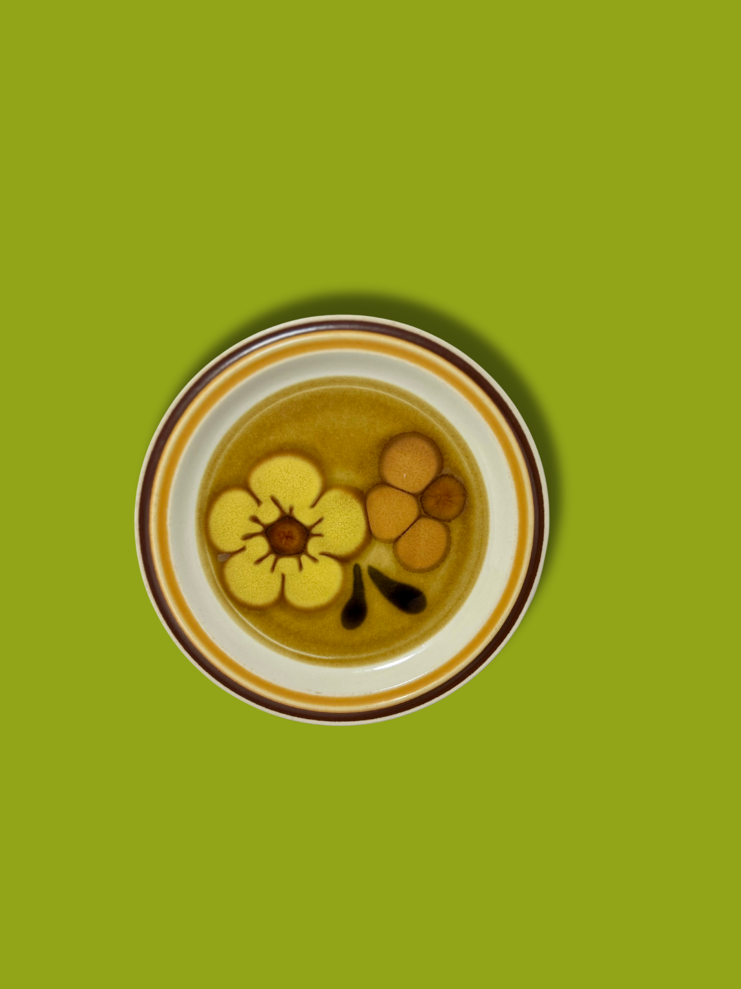 A vintage salad plate with a floral pattern in yellow, orange, and black colors, with a white rim.