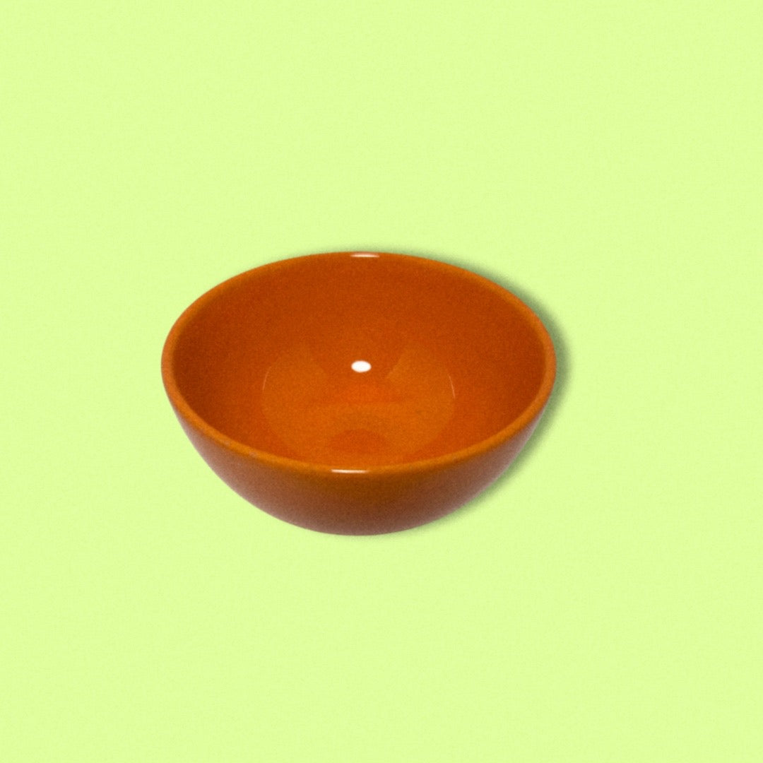 photo of vintage orange bowl on green background.