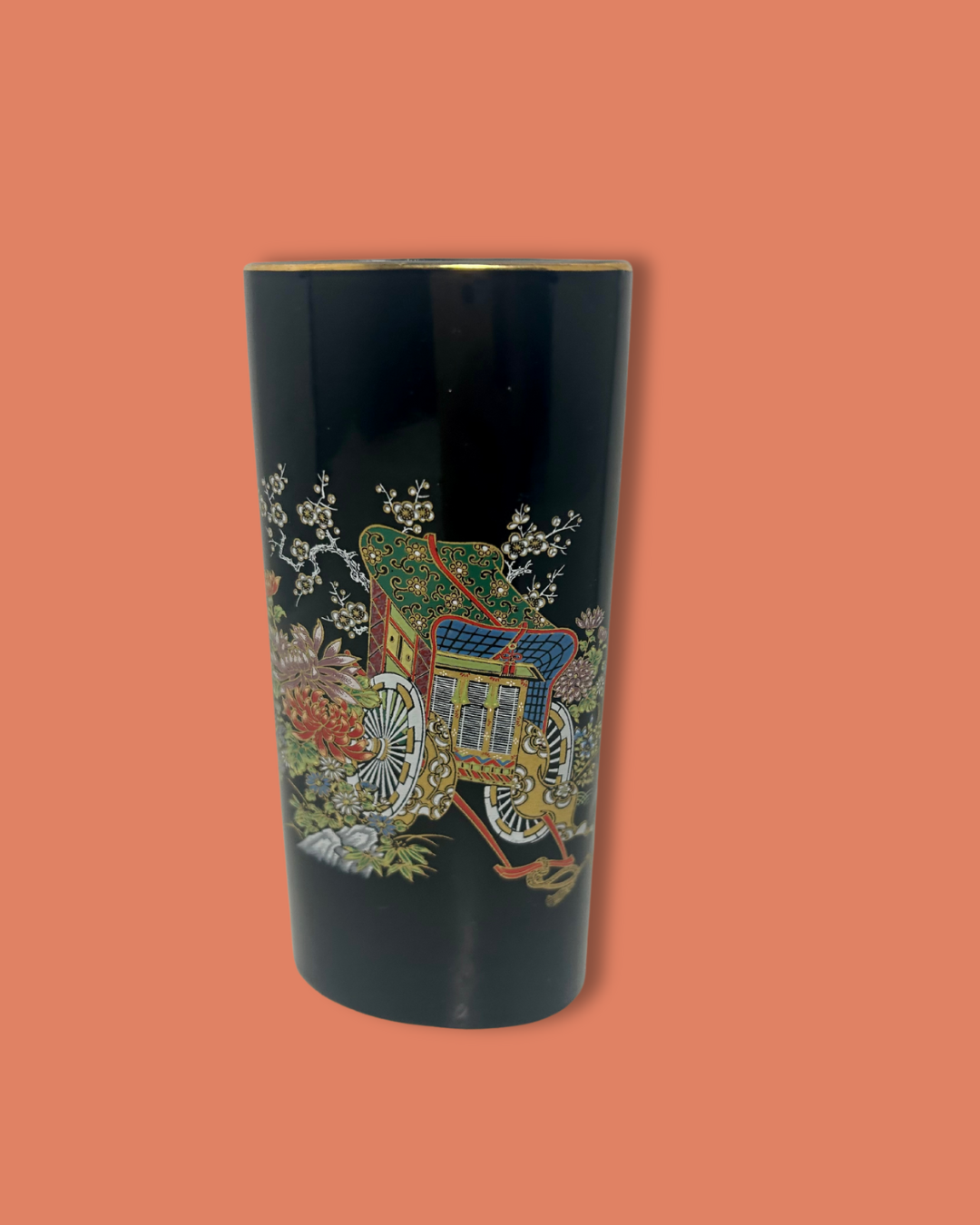 Decorative vase with intricate design on a peach background