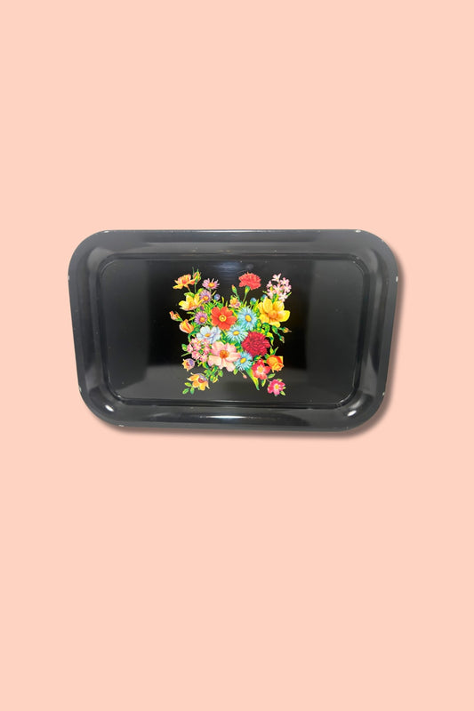 1950s Tin Lithograph Black and Floral Serving Tray