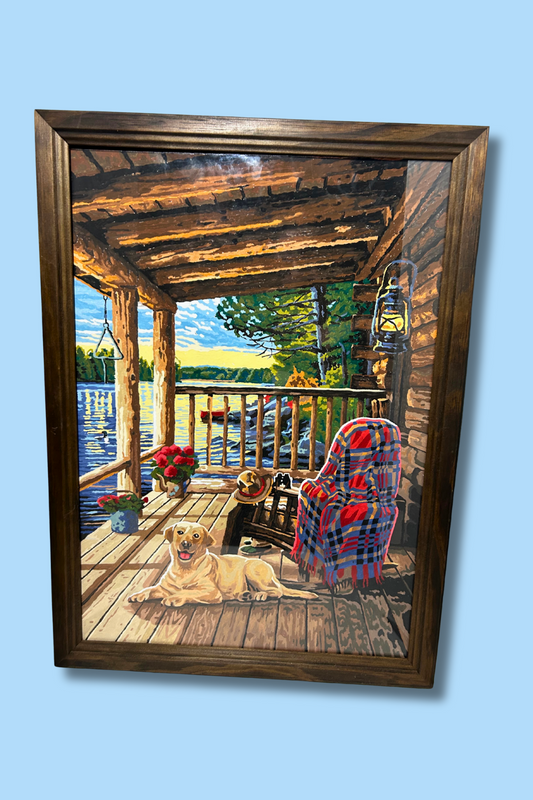 Golden Retriever at the Cabin Hand Painted Framed Wall Art