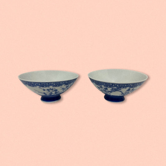 Vintage Handpainted Blue Porcelain Japanese Rice Bowls