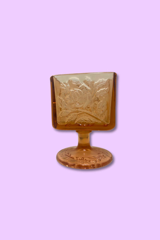 Tiara Exclusives (Indiana Glass) ‘Cabbage Rose’ Pedestal Cigarette/Card Holder – Pink Amber Pressed Glass, c. 1970s