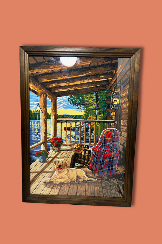 Golden Retriever at the Cabin Hand Painted Framed Wall Art