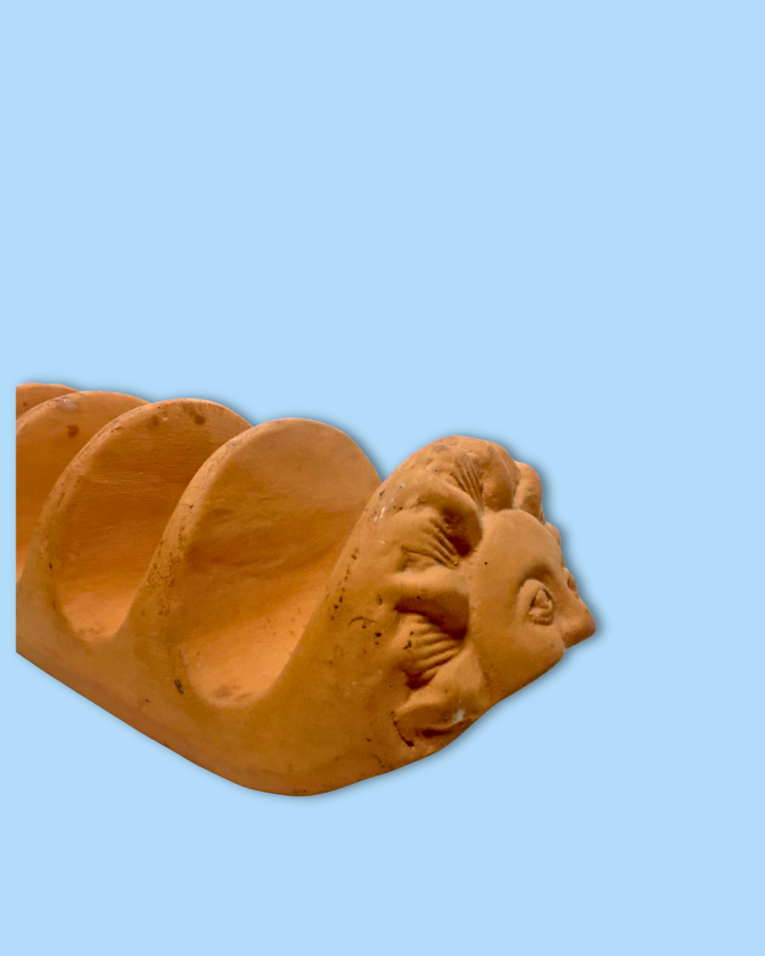 Terracotta wall hook with ram's head design on a light blue background