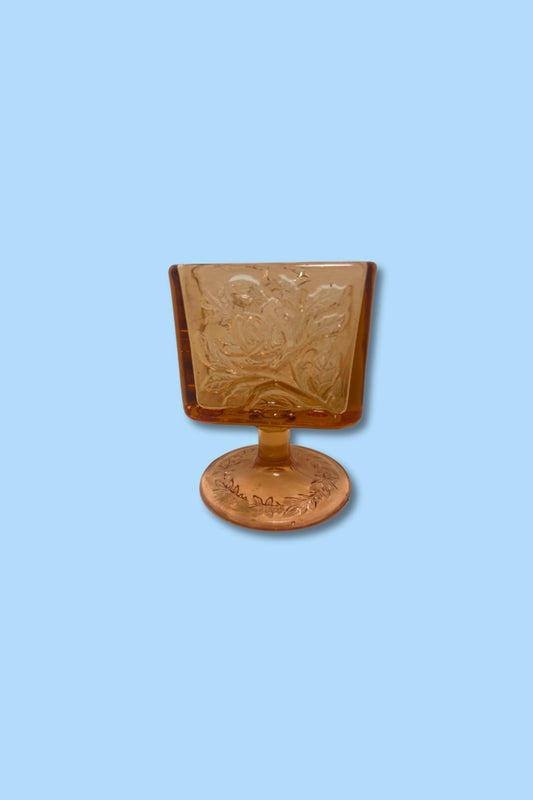Tiara Exclusives (Indiana Glass) ‘Cabbage Rose’ Pedestal Cigarette/Card Holder – Pink Amber Pressed Glass, c. 1970s