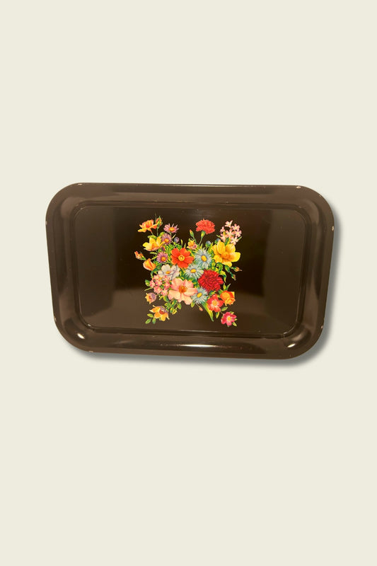1950s Tin Lithograph Black and Floral Serving Tray