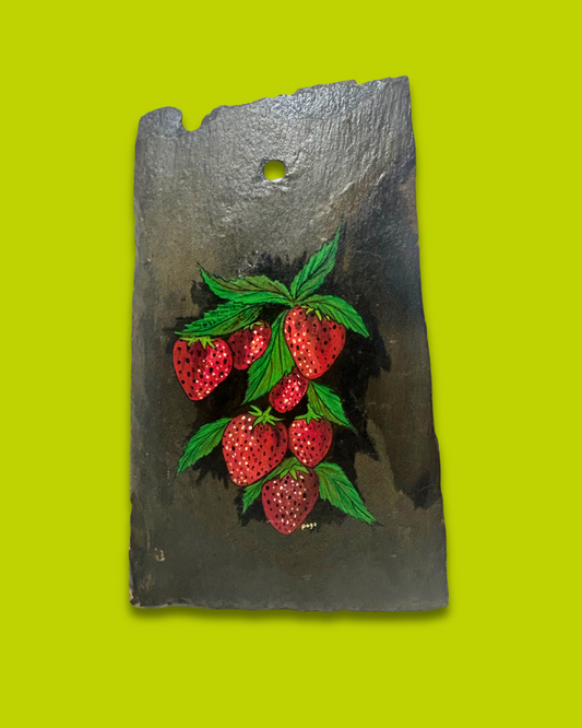 Hand Painted Strawberries on Slate Folk Art