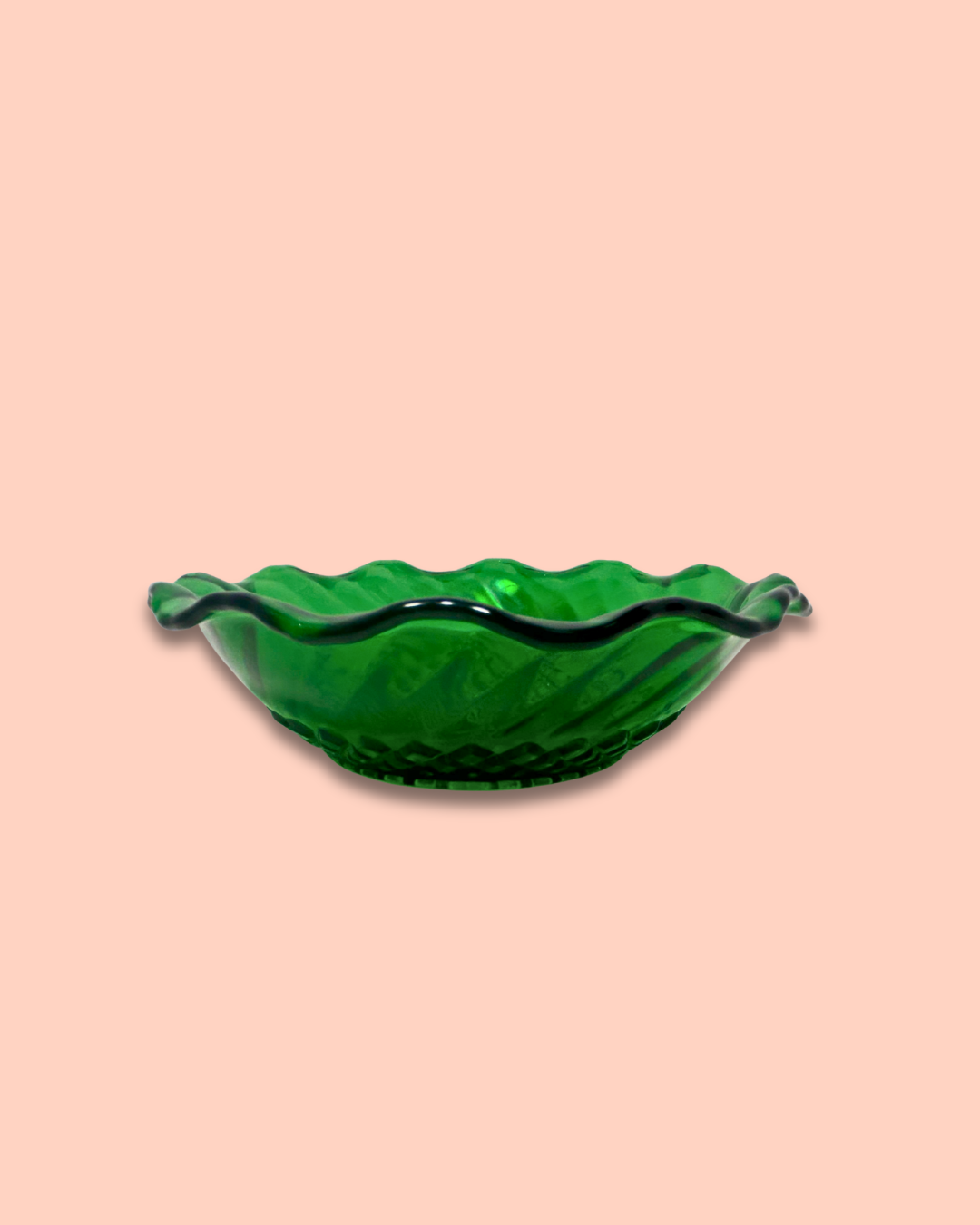 Vintage Anchor Hocking Emerald Green Glass Diamond Ruffle Candy Dish Bowl