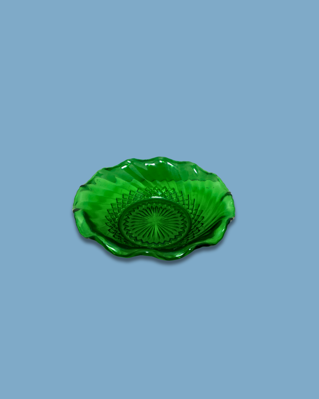 Vintage Anchor Hocking Emerald Green Glass Diamond Ruffle Candy Dish Bowl