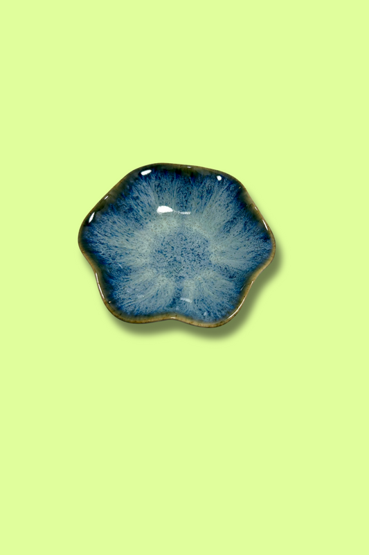 Blue ceramic dish on a light green background