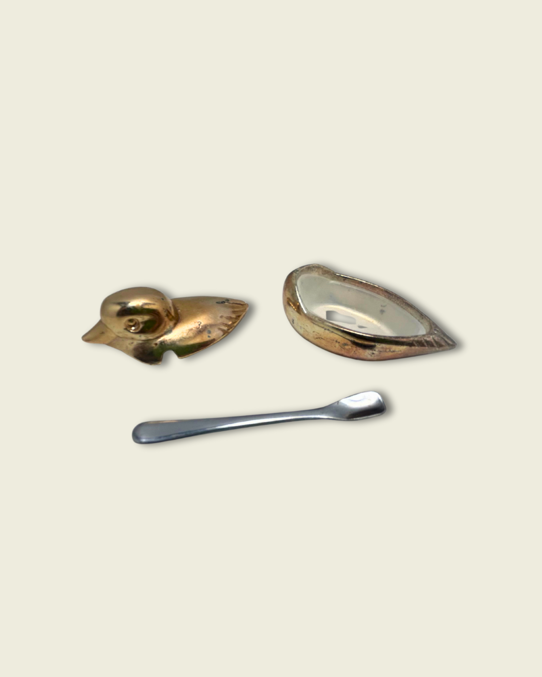 Vintage Brass Duck Salt Cellar with Tiny Spoon