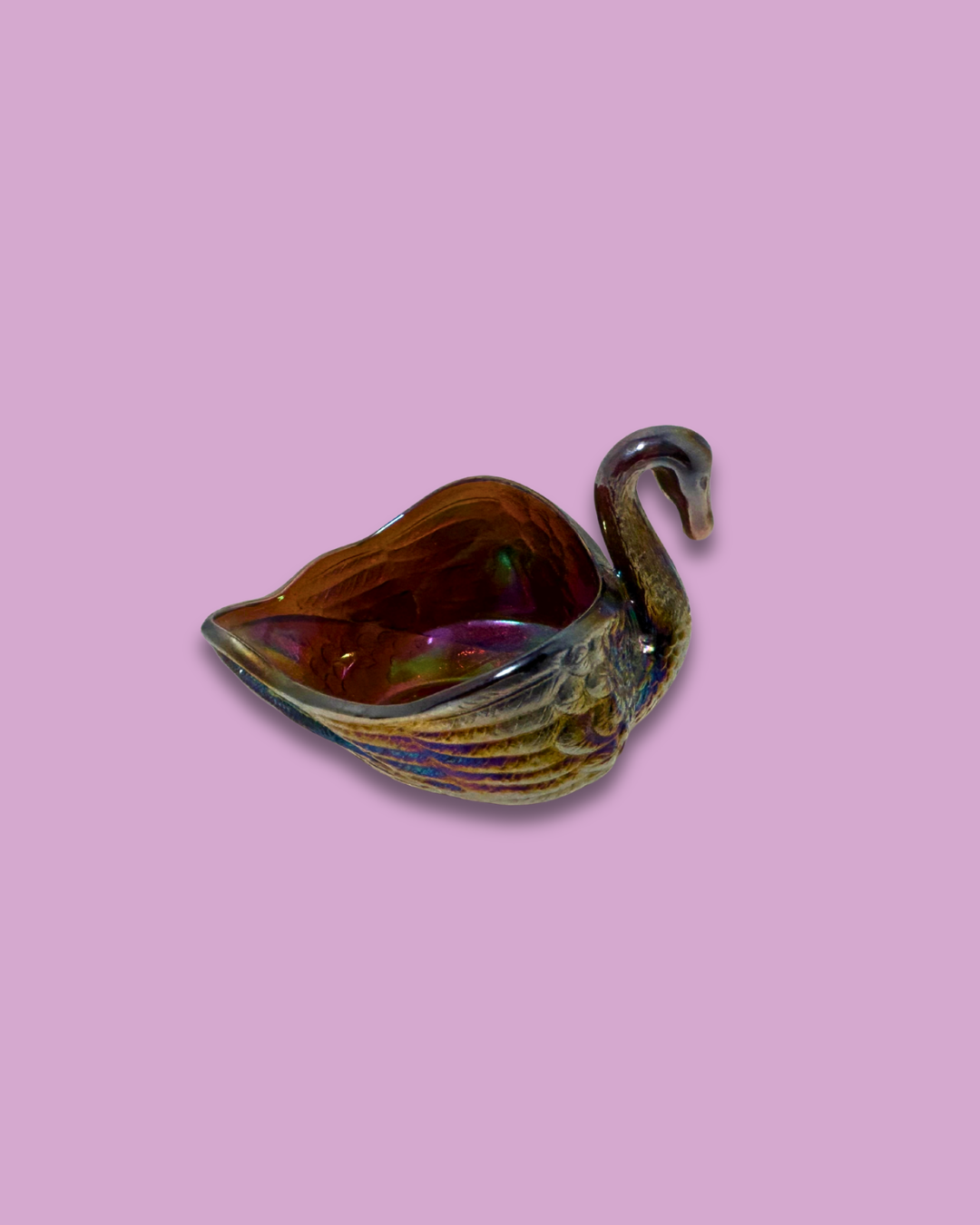 Imperial Carnival Glass Iridescent Amethyst Swan Open Back Trinket Dish