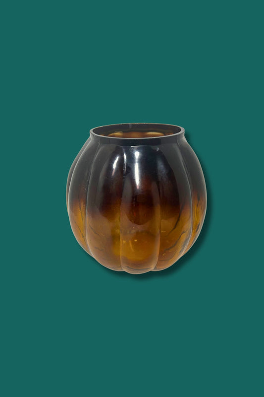 Vintage Amber Glass Pumpkin Candy Jar (Base Only) — Ribbed Molded Glass, 1970s–90s, Anchor Hocking-Style