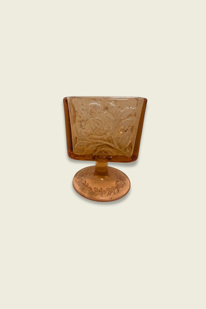 Tiara Exclusives (Indiana Glass) ‘Cabbage Rose’ Pedestal Cigarette/Card Holder – Pink Amber Pressed Glass, c. 1970s