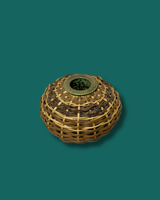 Woven basket on a teal background