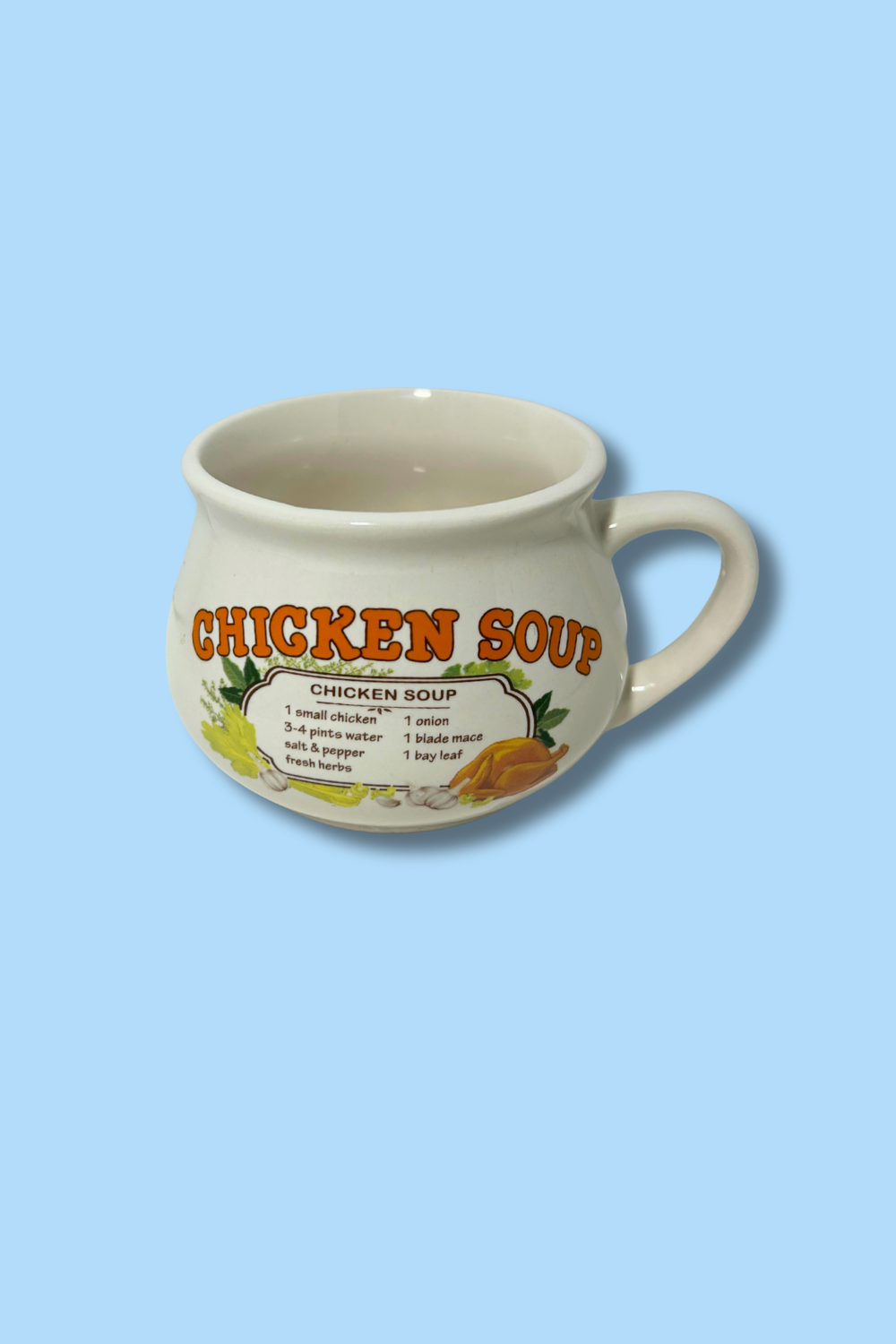 Mug with 'Chicken Soup' text on a light blue background