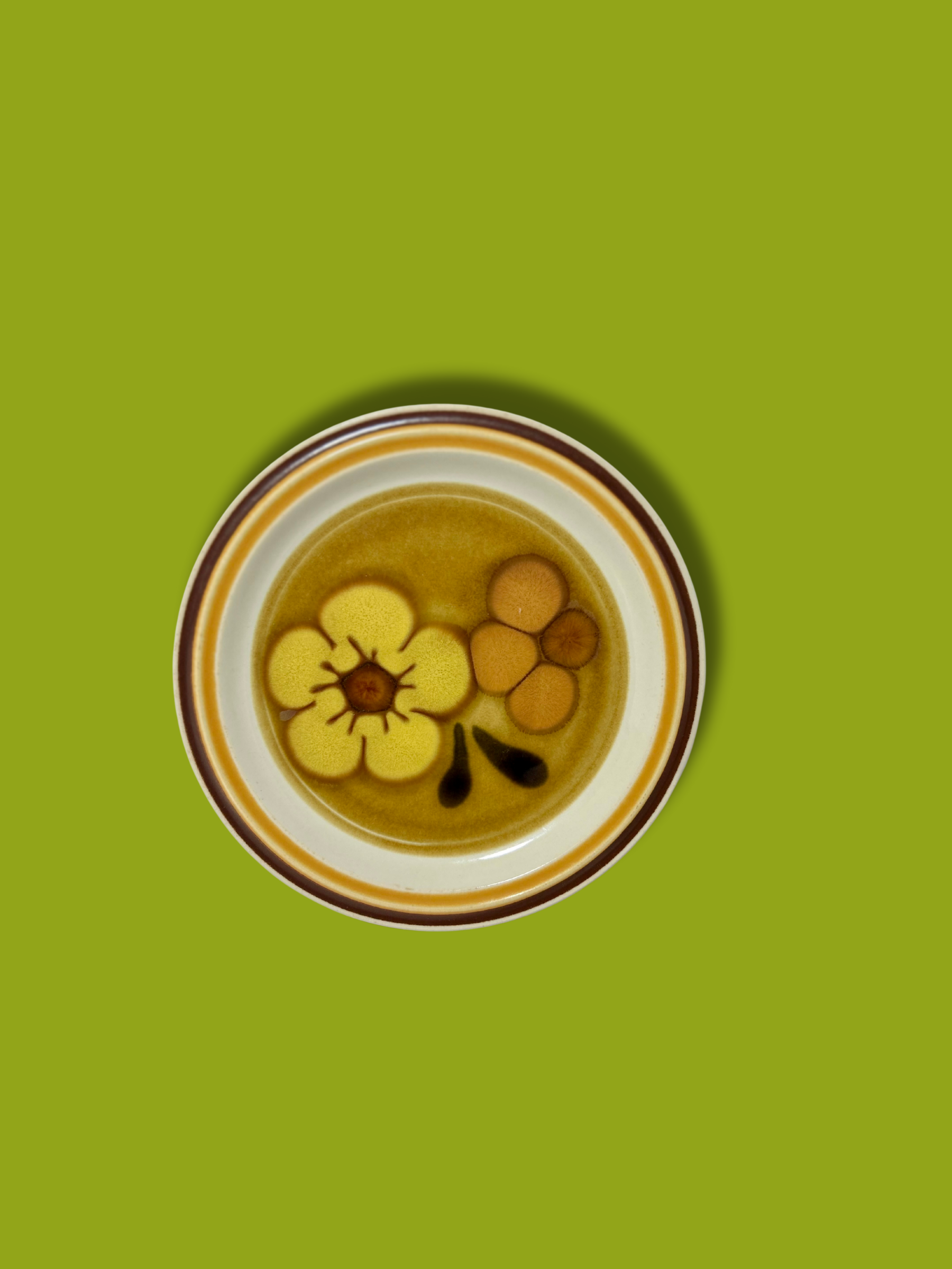 A vintage salad plate with a floral pattern in yellow, orange, and black colors, with a white rim.