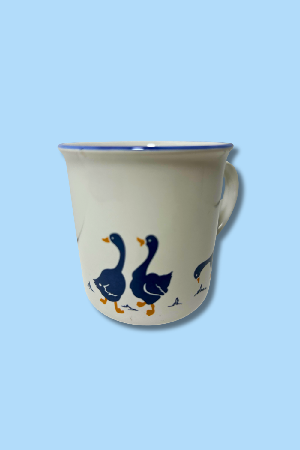 Ceramic mug with blue goose designs on a light blue background