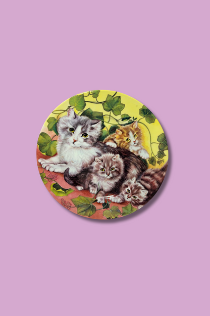 Circular illustration of cats on a pink background